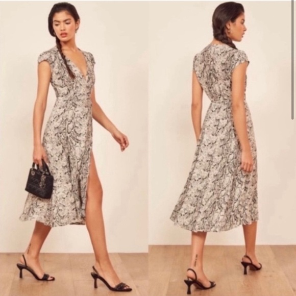 Reformation Carine Dress Snake Skin Print Chiffon Wrap Midi Short Sleeve XS - Picture 1 of 13